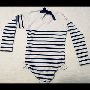 Girl’s Minnow Swimsuit - Breton Stripe Rashguard one-piece suit, size 7/8